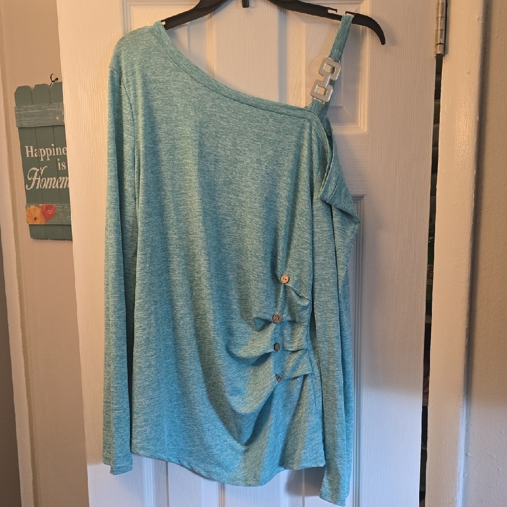Chic One-Shoulder Teal Blouse